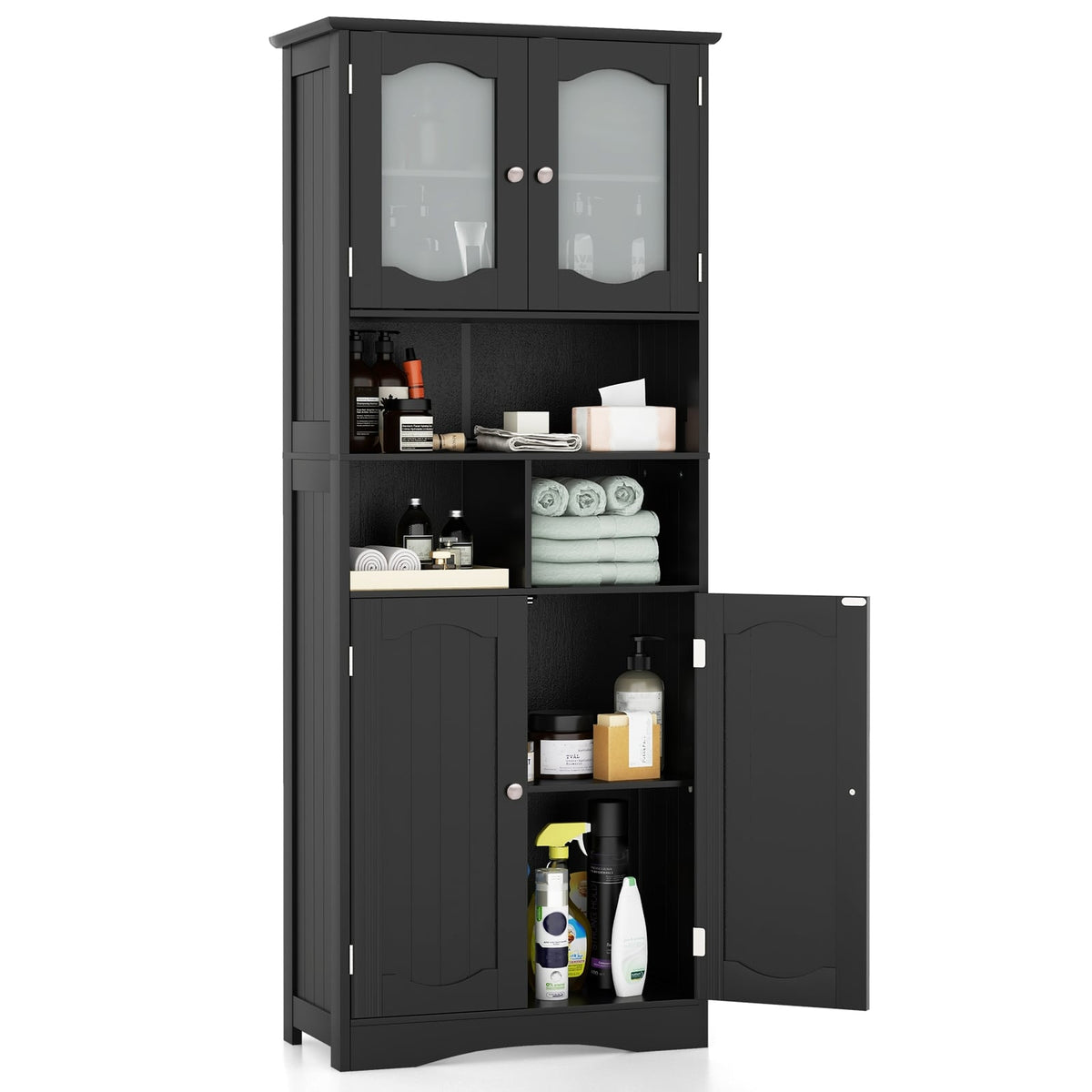 58.5" Freestanding Linen Cabinet with Frost Glass Doors - Black-Floor Cabinets-DECOROLALA