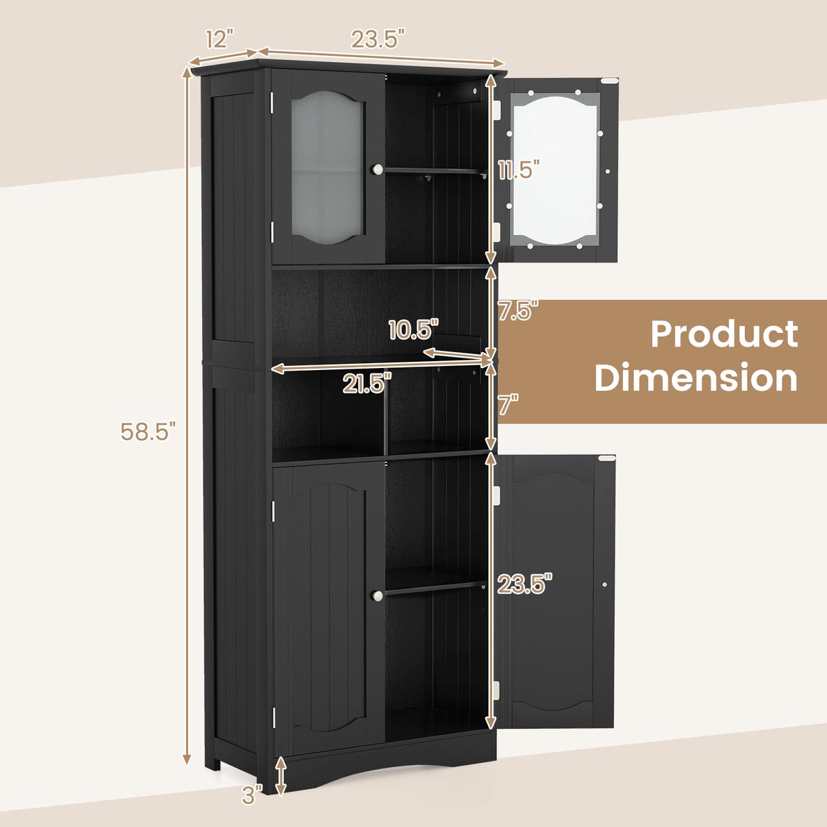 58.5" Freestanding Linen Cabinet with Frost Glass Doors - Black-Floor Cabinets-DECOROLALA