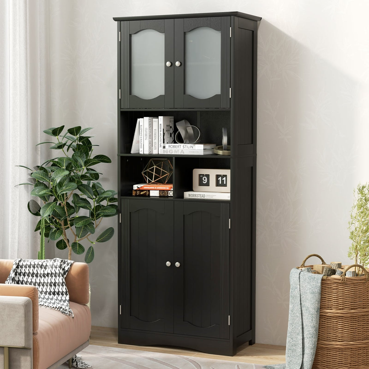 58.5" Freestanding Linen Cabinet with Frost Glass Doors - Black-Floor Cabinets-DECOROLALA