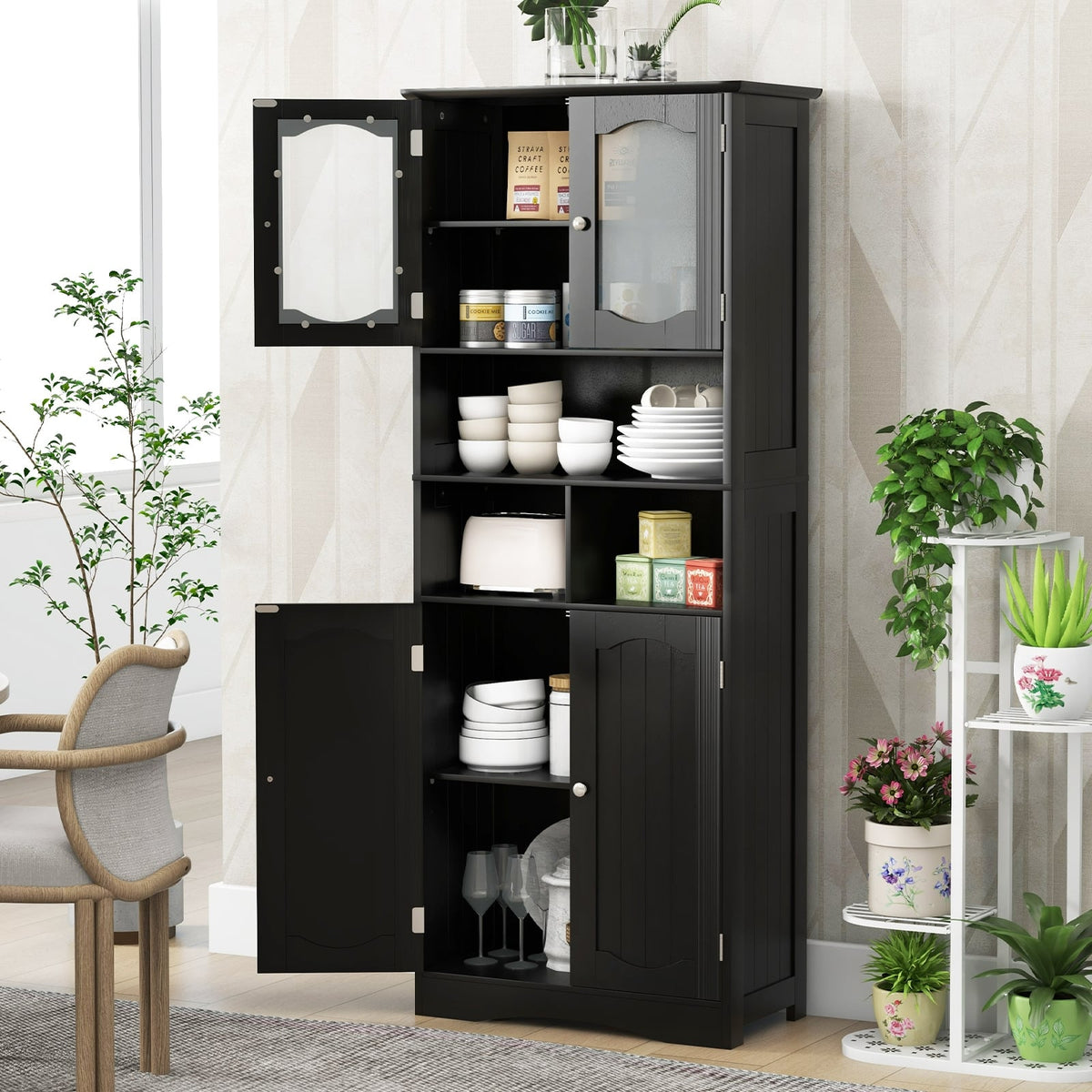 58.5" Freestanding Linen Cabinet with Frost Glass Doors - Black-Floor Cabinets-DECOROLALA
