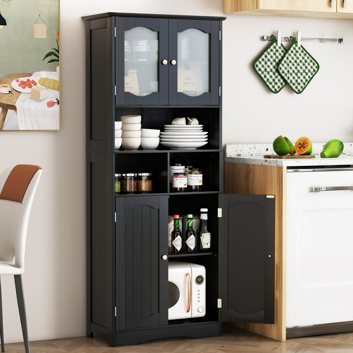 58.5" Freestanding Linen Cabinet with Frost Glass Doors - Black-Floor Cabinets-DECOROLALA