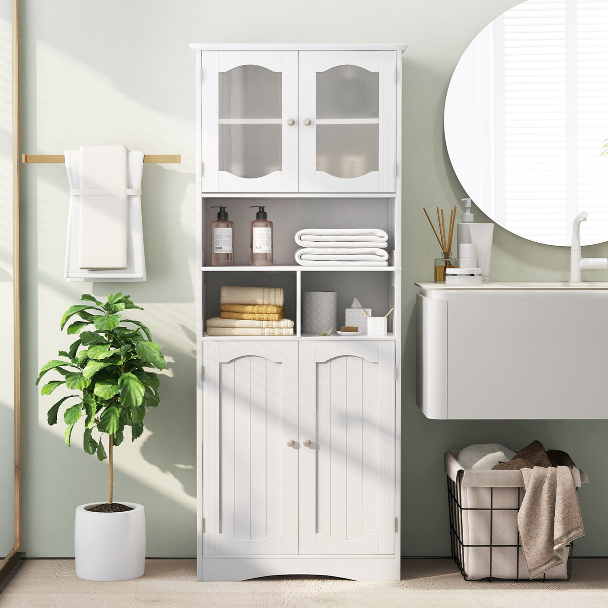 58.5" Freestanding Linen Cabinet with Frost Glass Doors - White-Floor Cabinets-DECOROLALA
