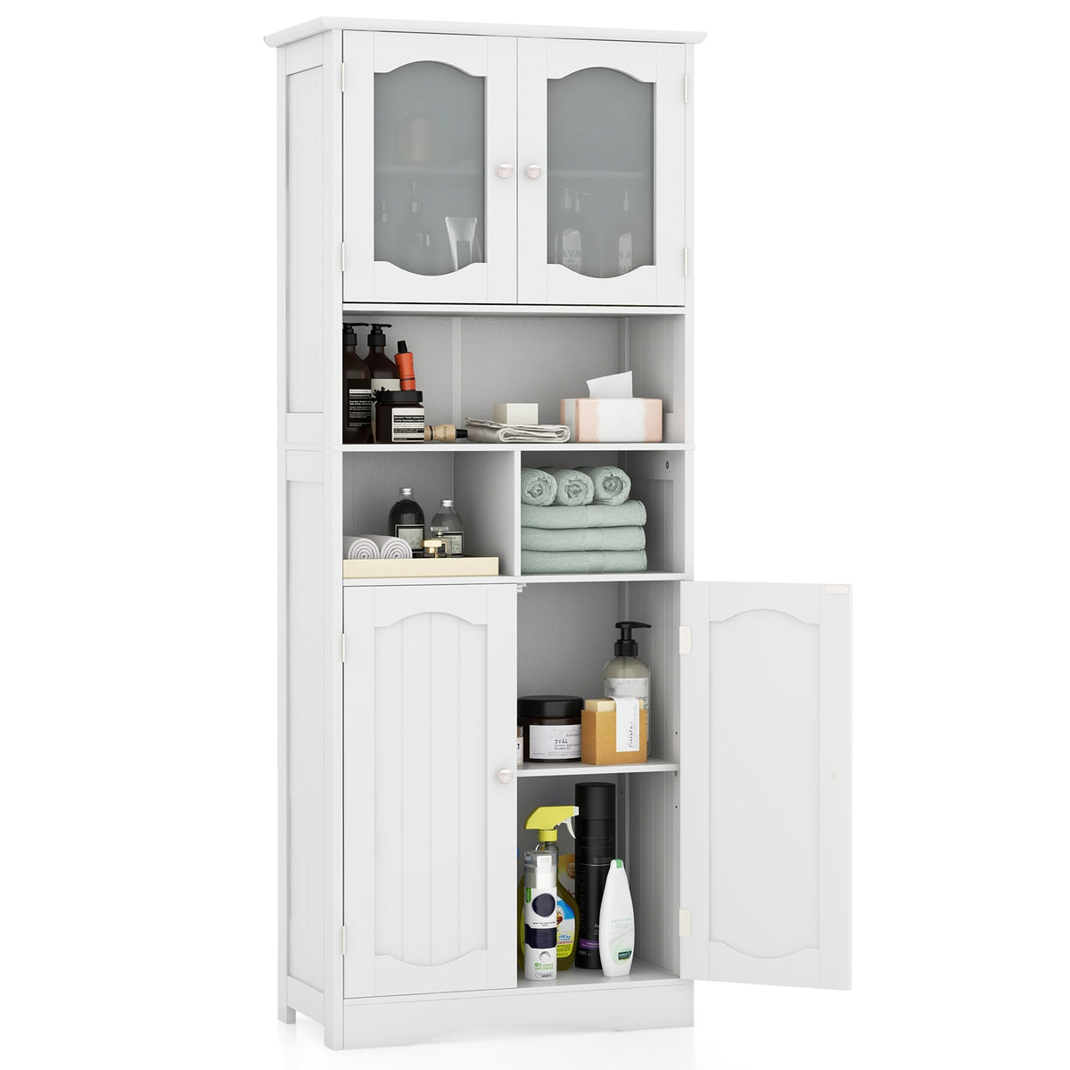 58.5" Freestanding Linen Cabinet with Frost Glass Doors - White-Floor Cabinets-DECOROLALA
