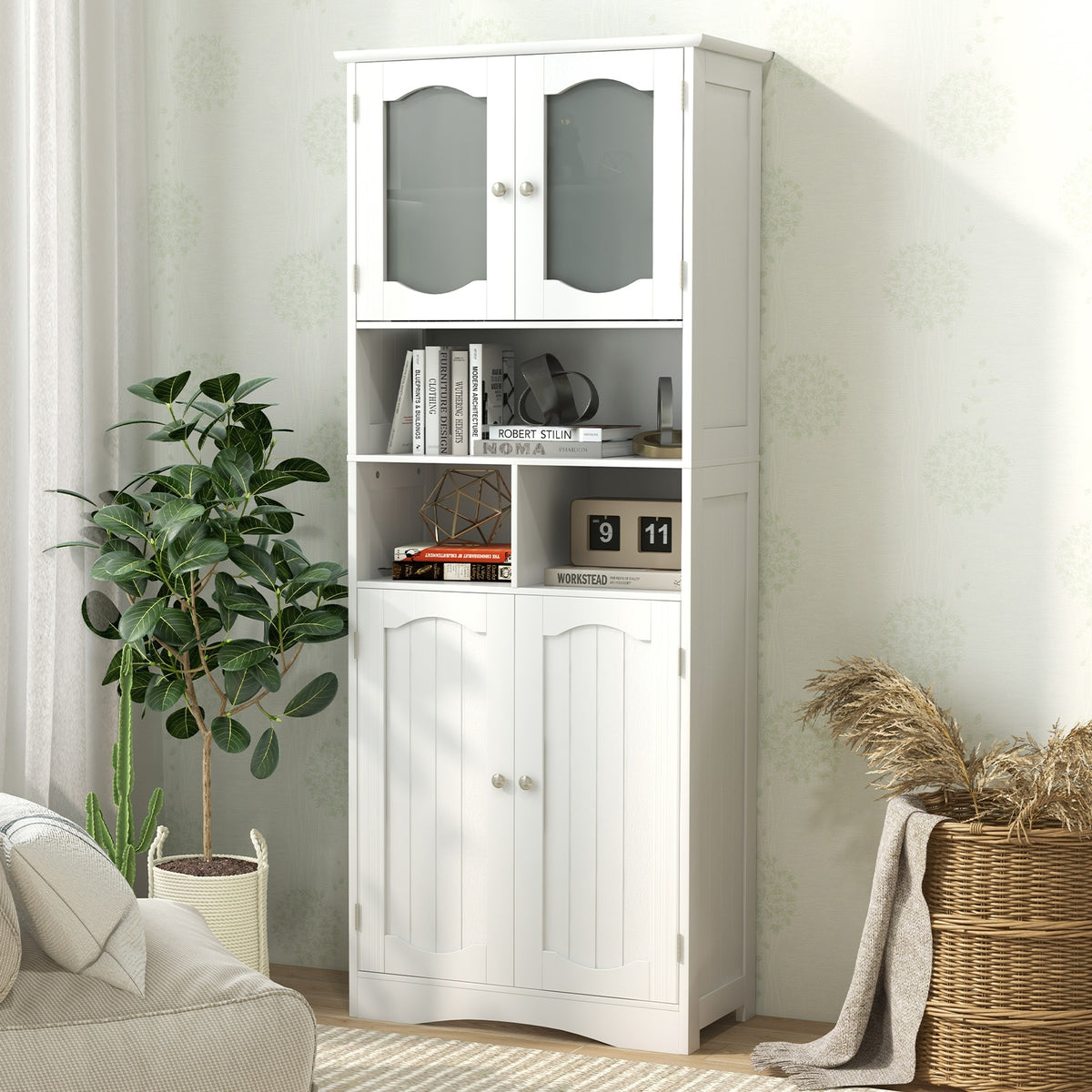 58.5" Freestanding Linen Cabinet with Frost Glass Doors - White-Floor Cabinets-DECOROLALA
