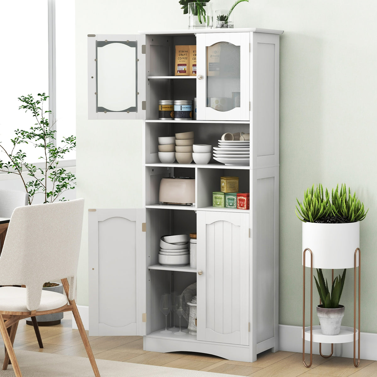 58.5" Freestanding Linen Cabinet with Frost Glass Doors - White-Floor Cabinets-DECOROLALA