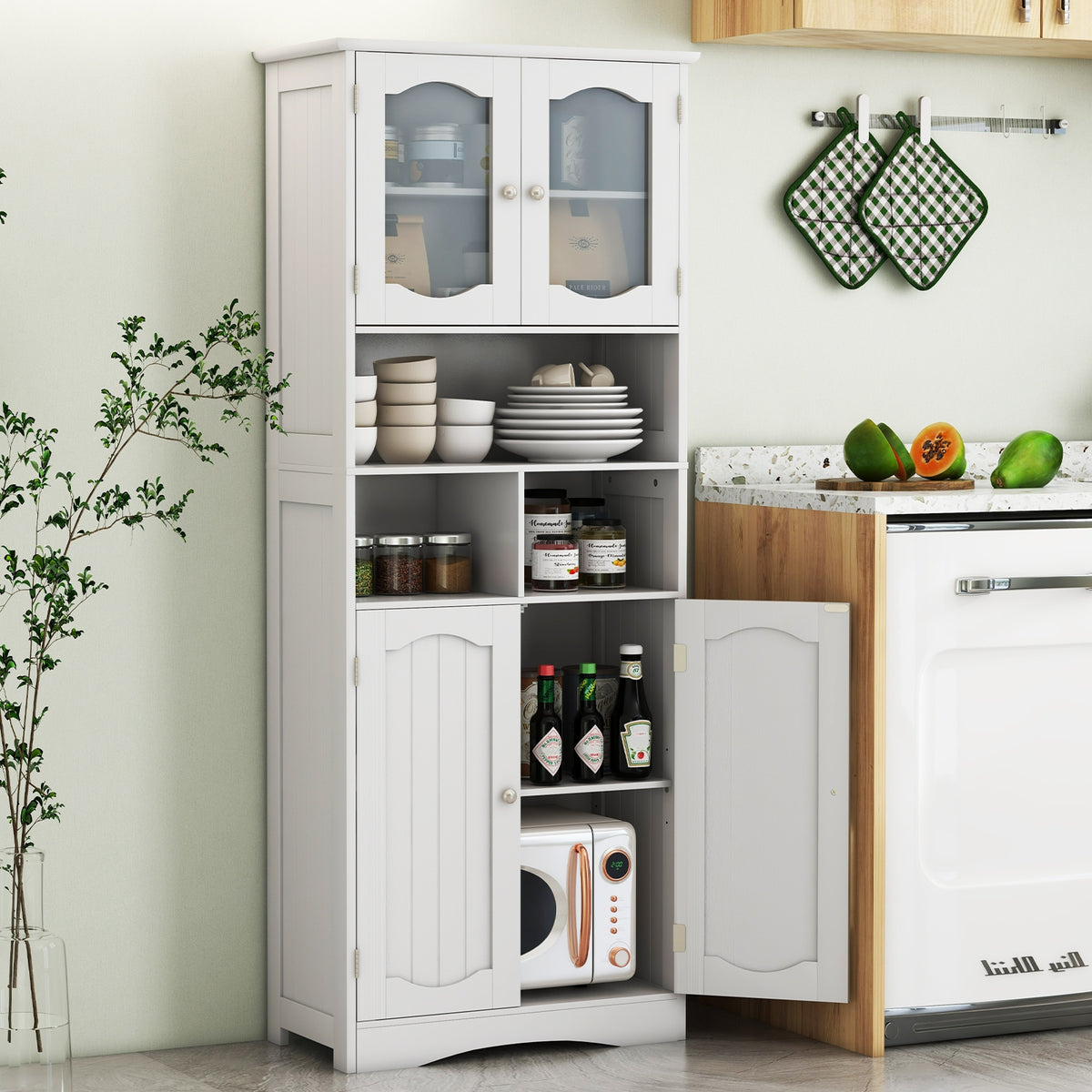 58.5" Freestanding Linen Cabinet with Frost Glass Doors - White-Floor Cabinets-DECOROLALA