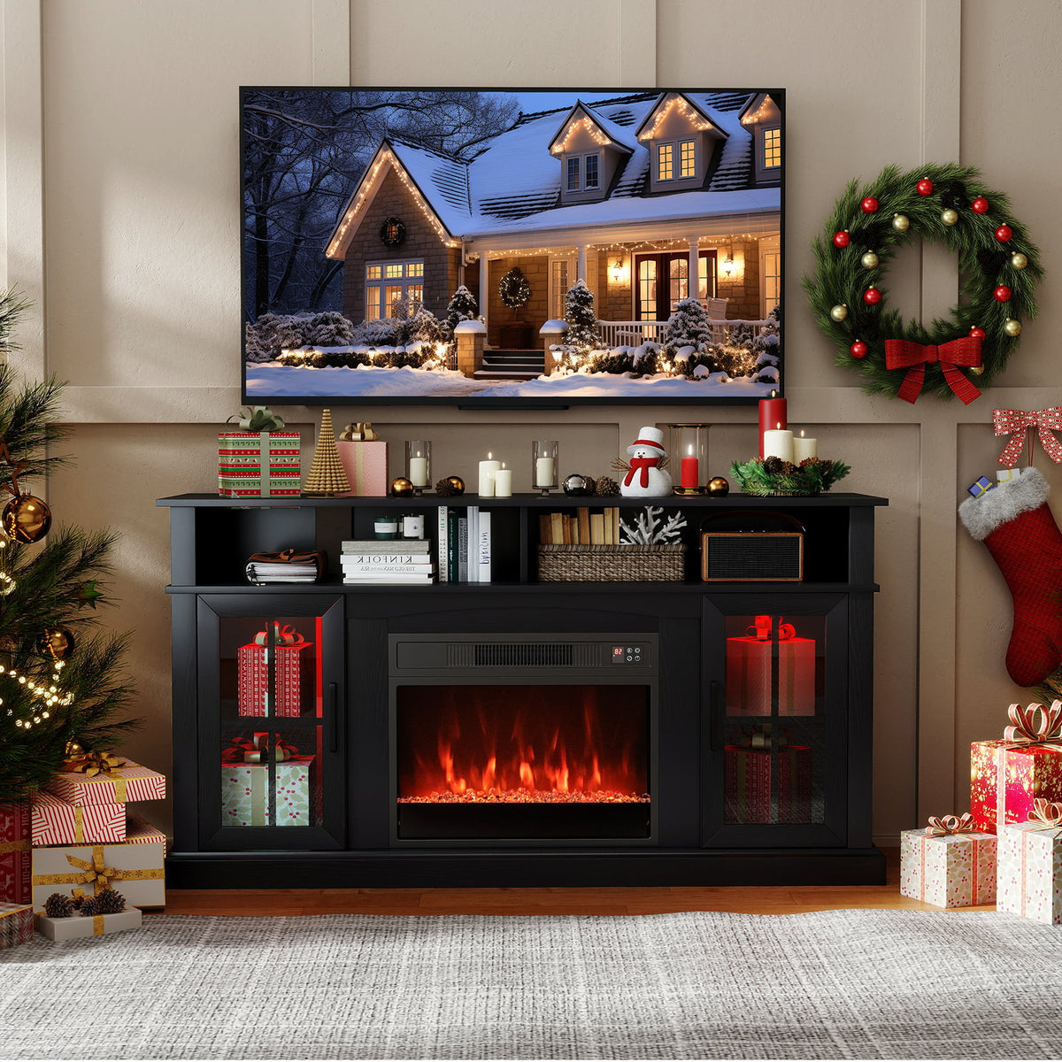 58 Inch Fireplace TV Stand with LED Lights with Storage Cabinets and Glass Doors-Black-Entertainment Centers & TV Stands-DECOROLALA