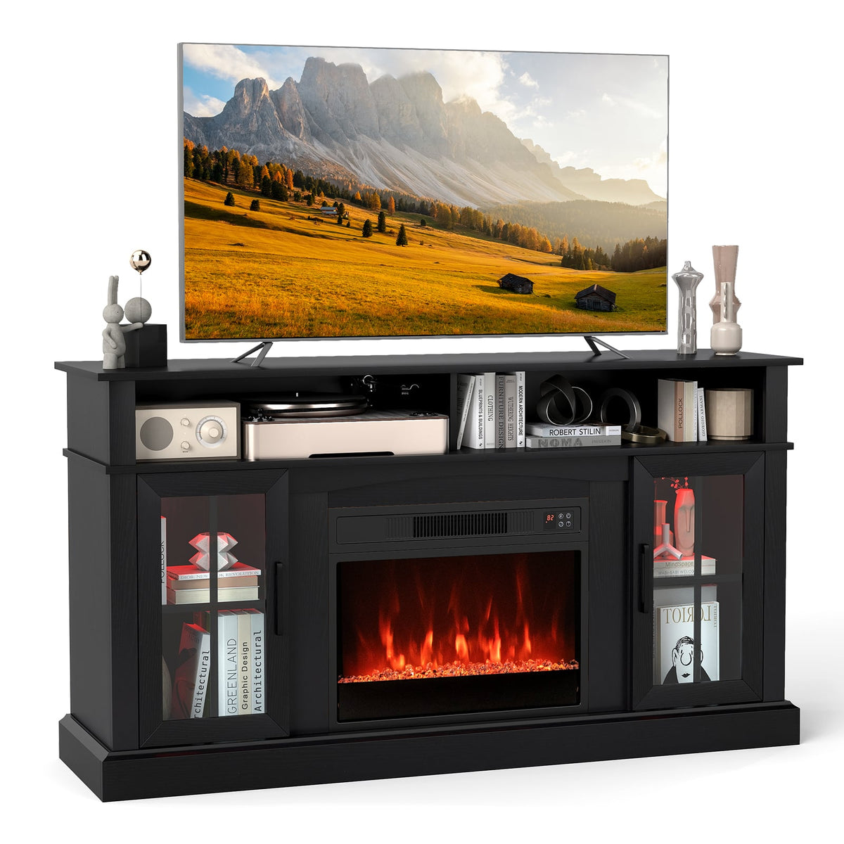 58 Inch Fireplace TV Stand with LED Lights with Storage Cabinets and Glass Doors-Black-Entertainment Centers & TV Stands-DECOROLALA