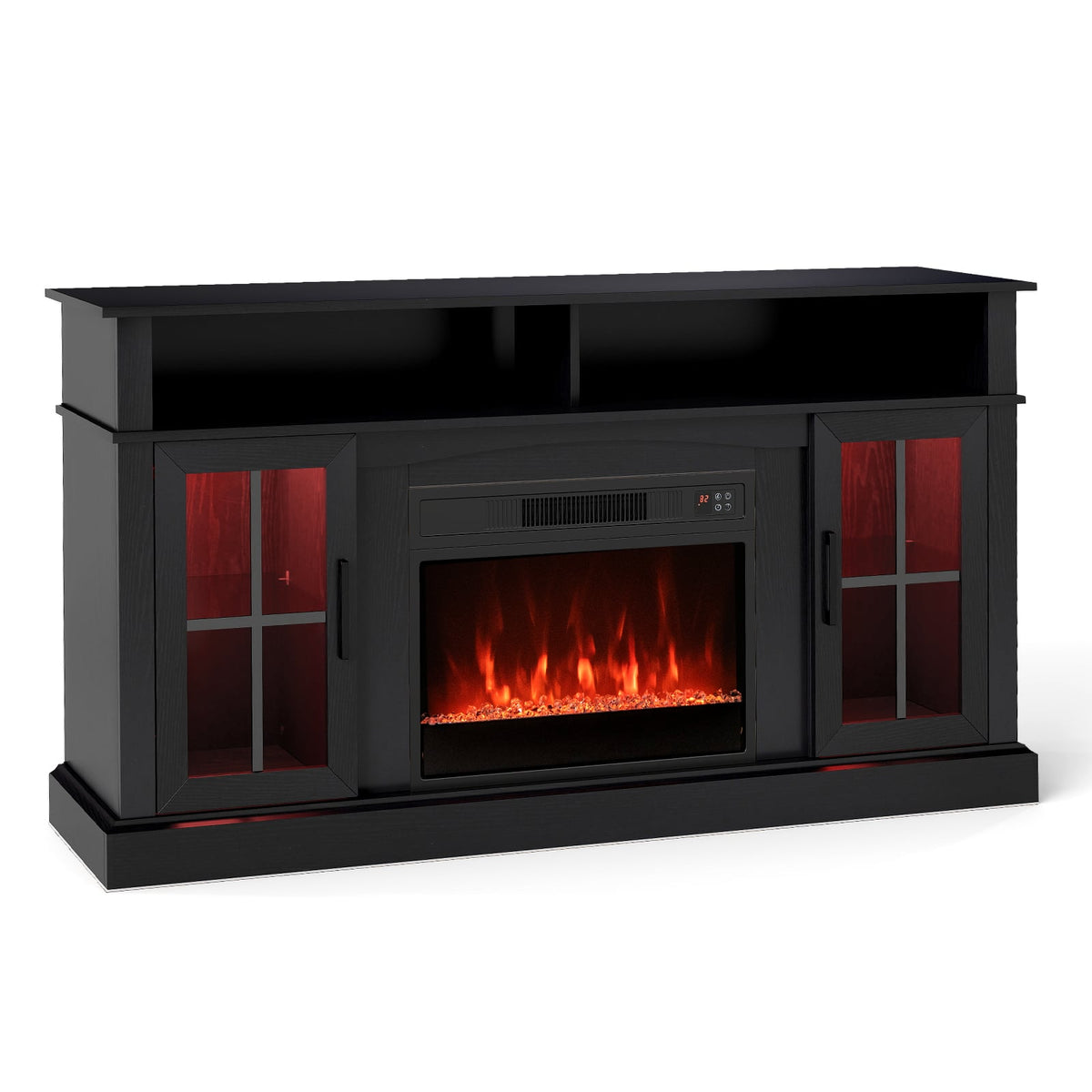 58 Inch Fireplace TV Stand with LED Lights with Storage Cabinets and Glass Doors-Black-Entertainment Centers & TV Stands-DECOROLALA