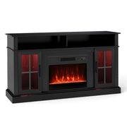 58 Inch Fireplace TV Stand with LED Lights with Storage Cabinets and Glass Doors-Black-Entertainment Centers & TV Stands-DECOROLALA
