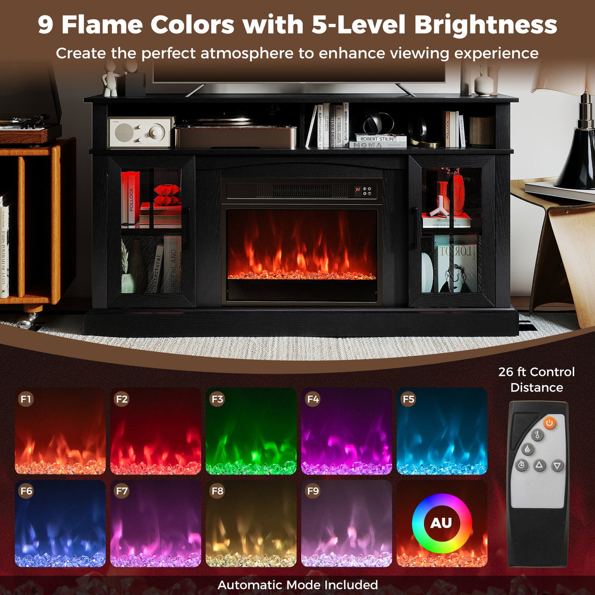 58 Inch Fireplace TV Stand with LED Lights with Storage Cabinets and Glass Doors-Black-Entertainment Centers & TV Stands-DECOROLALA