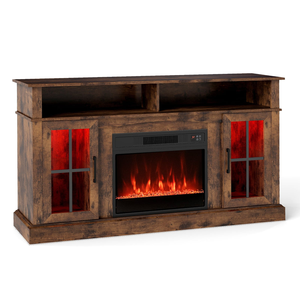 58 Inch Fireplace TV Stand with LED Lights with Storage Cabinets and Glass Doors-Rustic Brown-Entertainment Centers & TV Stands-DECOROLALA