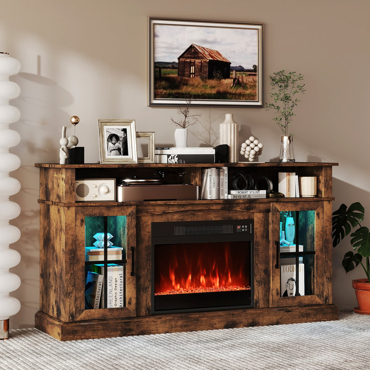 58 Inch Fireplace TV Stand with LED Lights with Storage Cabinets and Glass Doors-Rustic Brown-Entertainment Centers & TV Stands-DECOROLALA