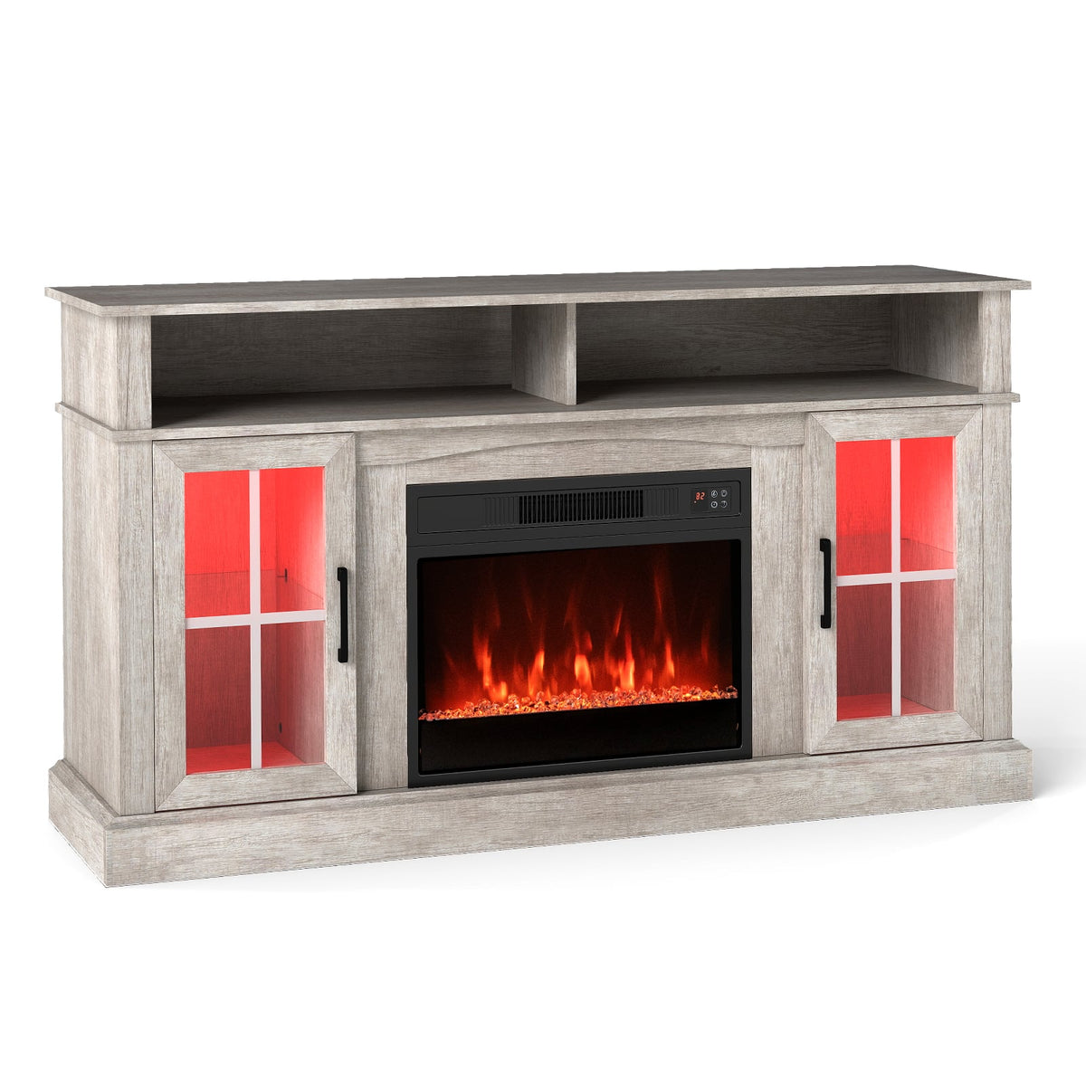 58 Inch Fireplace TV Stand with LED Lights with Storage Cabinets and Glass Doors-Gray-Entertainment Centers & TV Stands-DECOROLALA