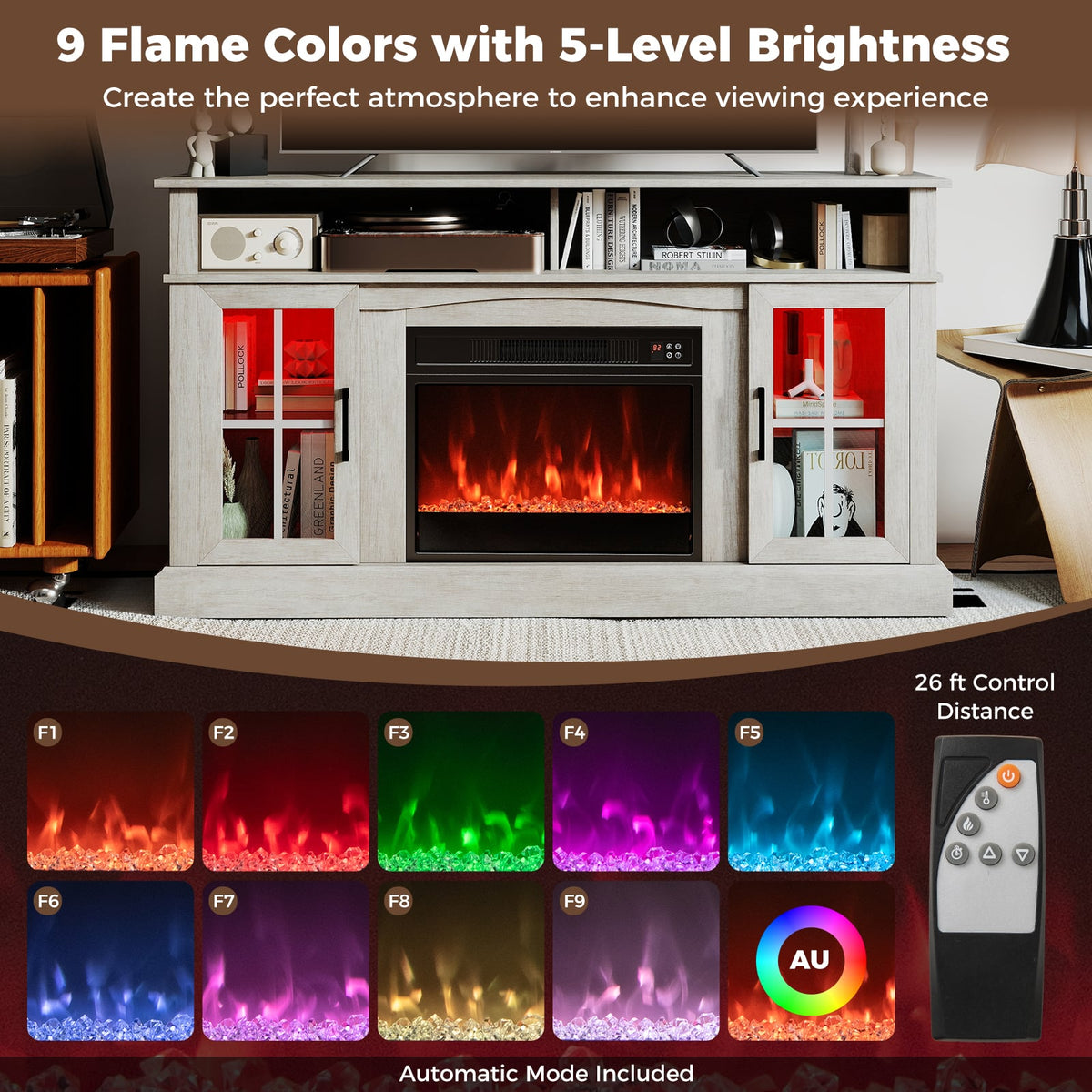 58 Inch Fireplace TV Stand with LED Lights with Storage Cabinets and Glass Doors-Gray-Entertainment Centers & TV Stands-DECOROLALA