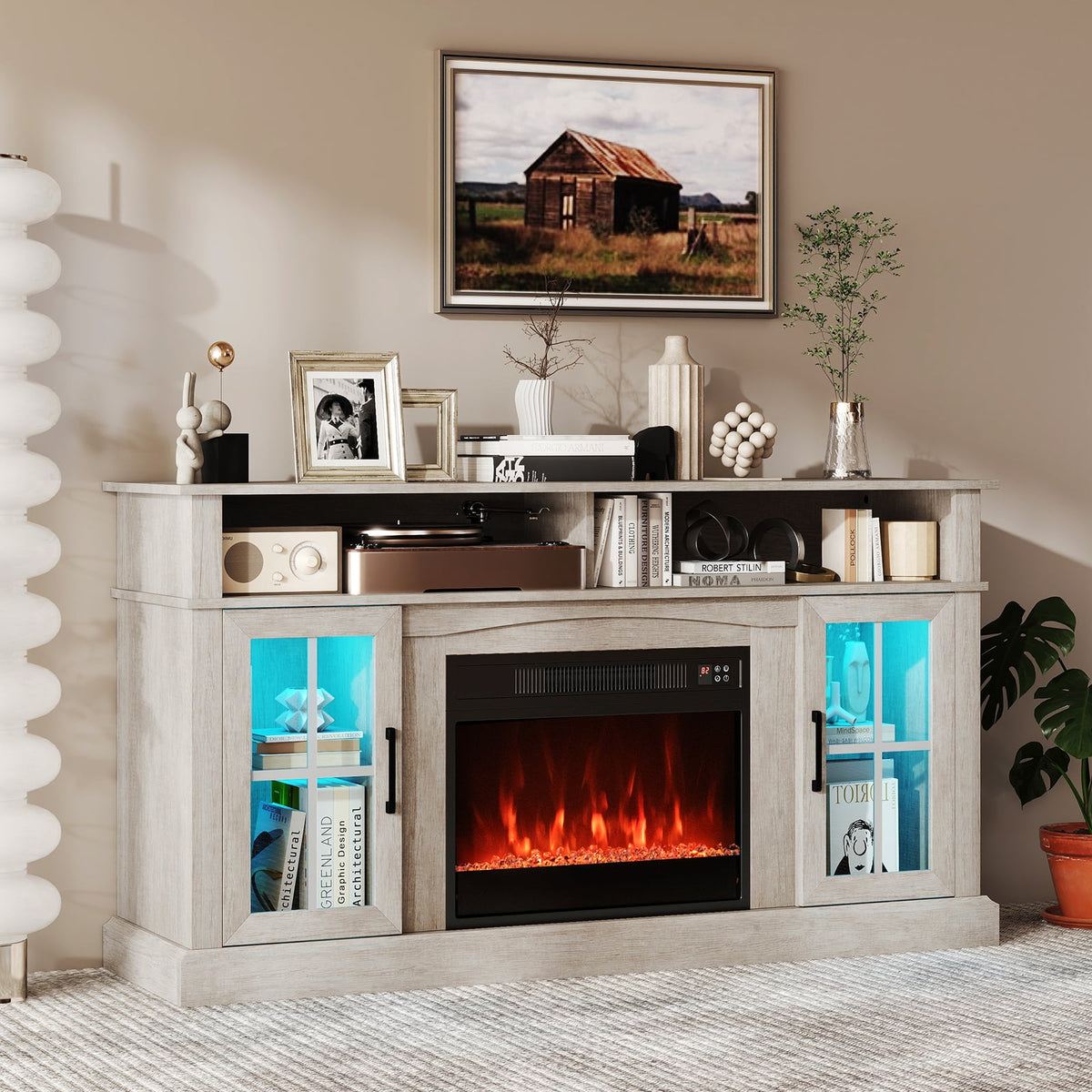 58 Inch Fireplace TV Stand with LED Lights with Storage Cabinets and Glass Doors-Gray-Entertainment Centers & TV Stands-DECOROLALA