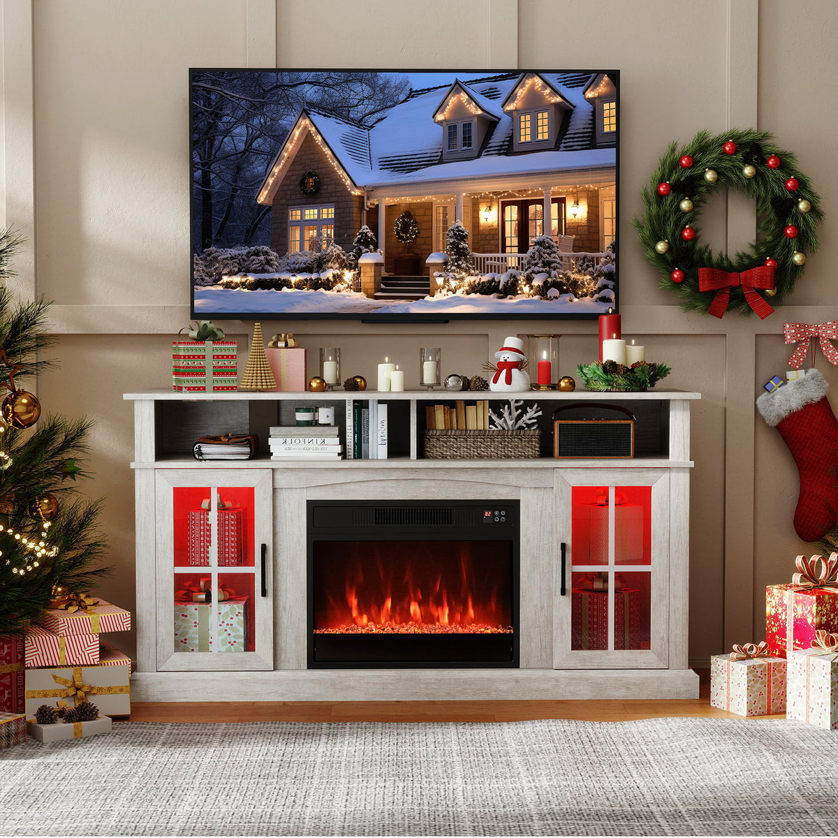 58 Inch Fireplace TV Stand with LED Lights with Storage Cabinets and Glass Doors-Gray-Entertainment Centers & TV Stands-DECOROLALA