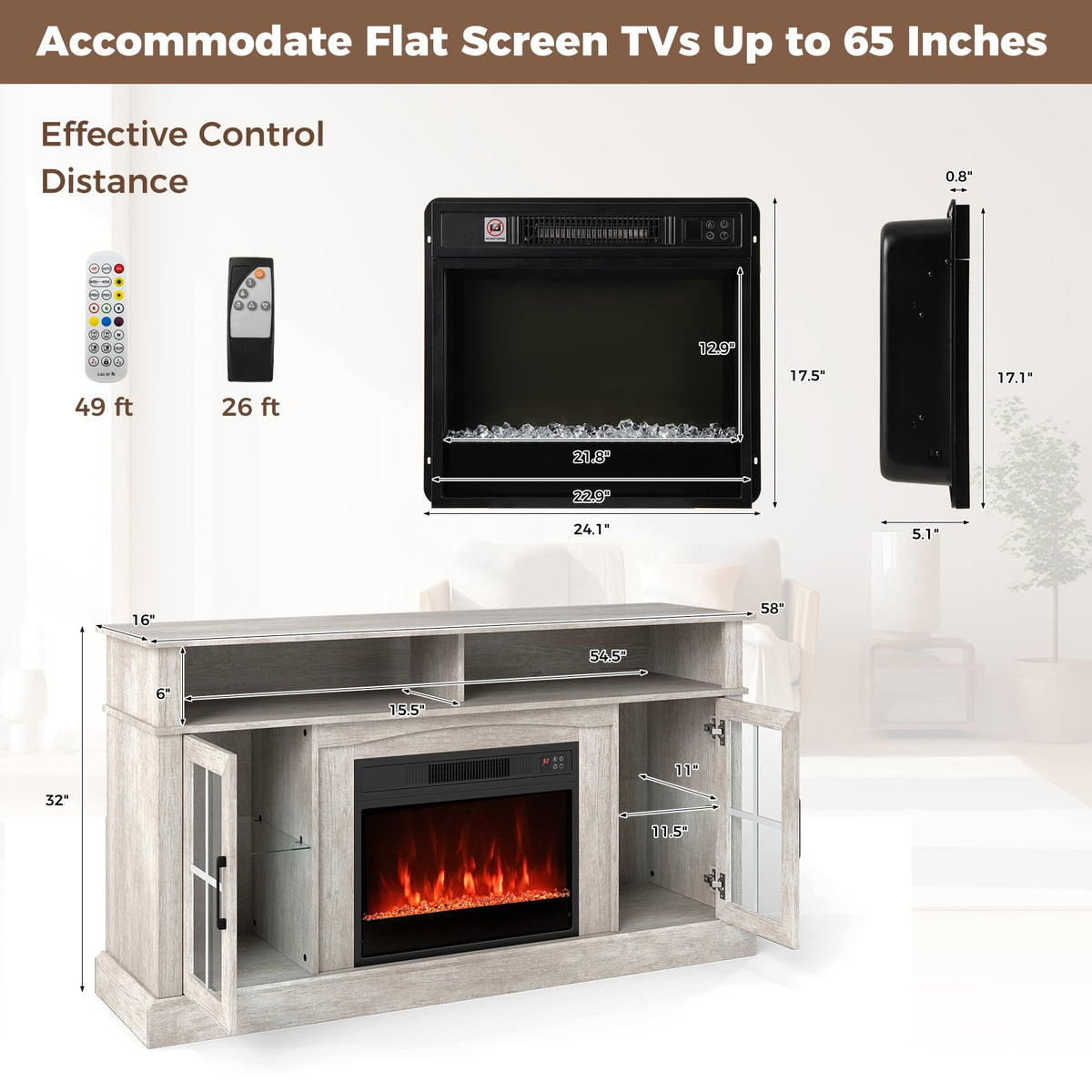 58 Inch Fireplace TV Stand with LED Lights with Storage Cabinets and Glass Doors-Gray-Entertainment Centers & TV Stands-DECOROLALA
