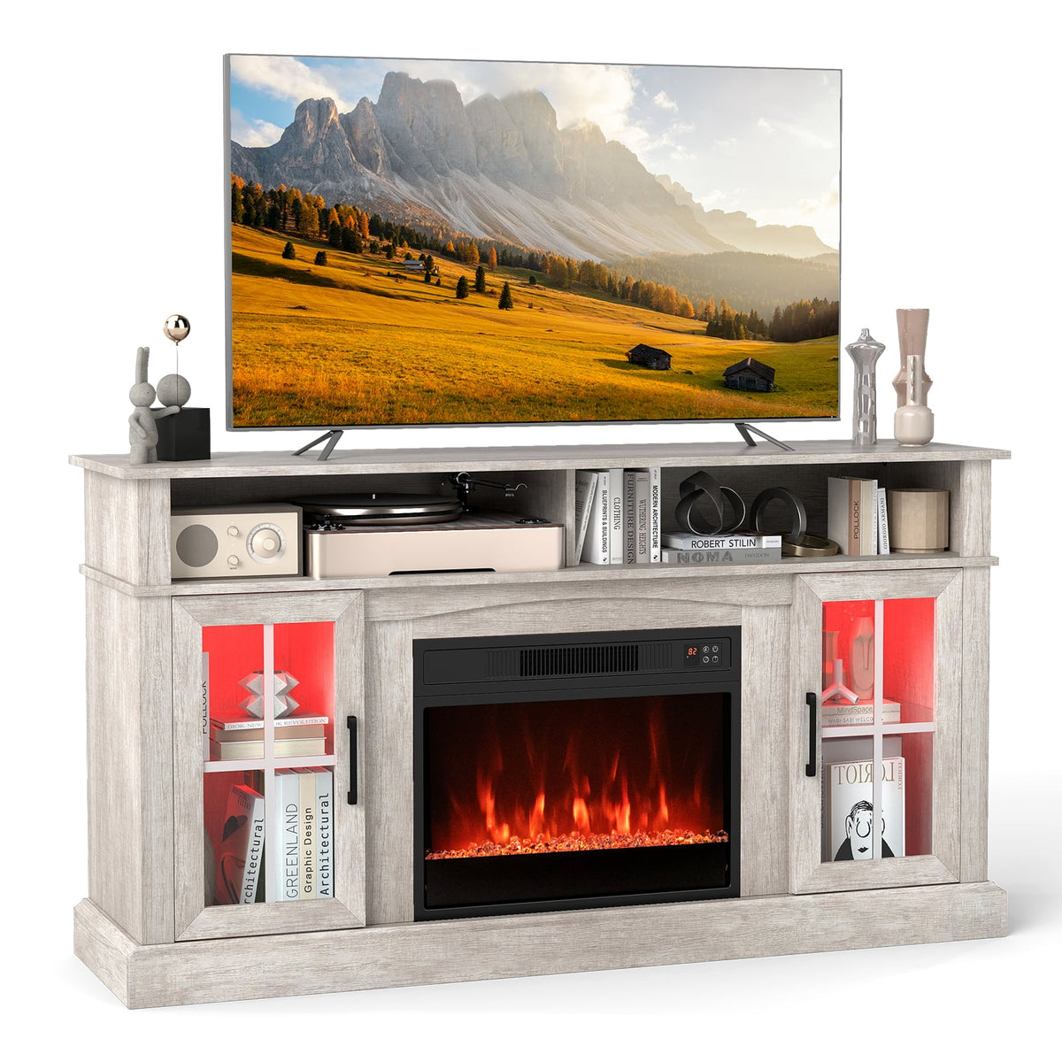 58 Inch Fireplace TV Stand with LED Lights with Storage Cabinets and Glass Doors-Gray-Entertainment Centers & TV Stands-DECOROLALA