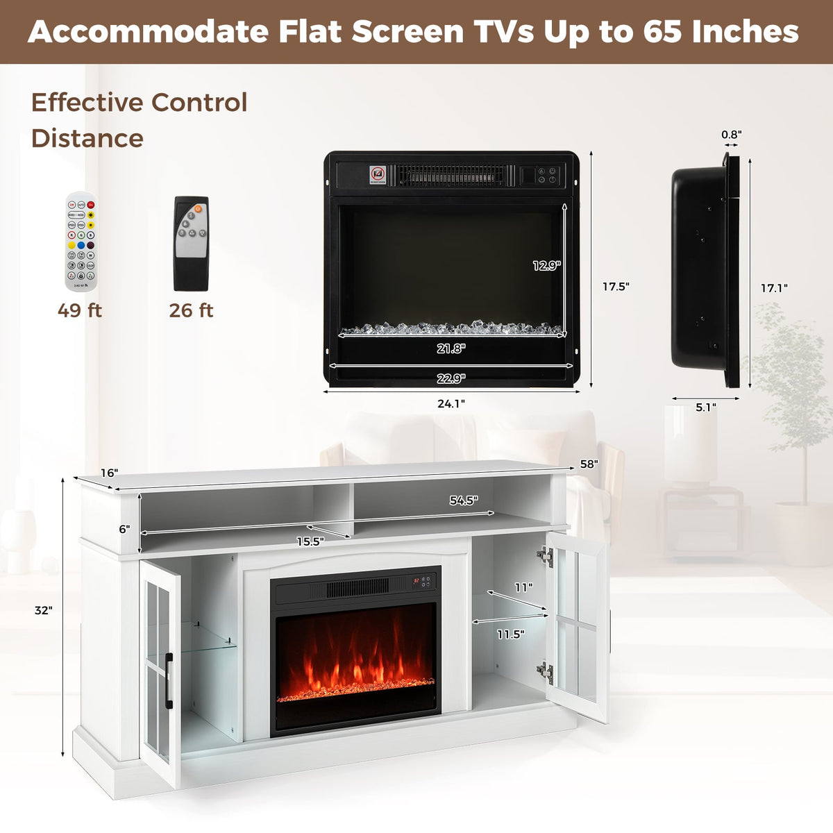 58 Inch Fireplace TV Stand with LED Lights with Storage Cabinets and Glass Doors-White-Entertainment Centers & TV Stands-DECOROLALA