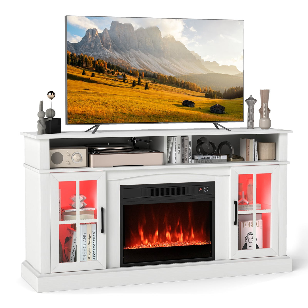 58 Inch Fireplace TV Stand with LED Lights with Storage Cabinets and Glass Doors-White-Entertainment Centers & TV Stands-DECOROLALA