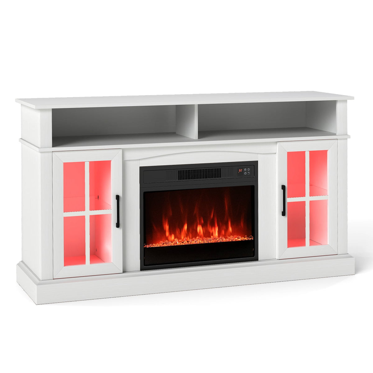 58 Inch Fireplace TV Stand with LED Lights with Storage Cabinets and Glass Doors-White-Entertainment Centers & TV Stands-DECOROLALA