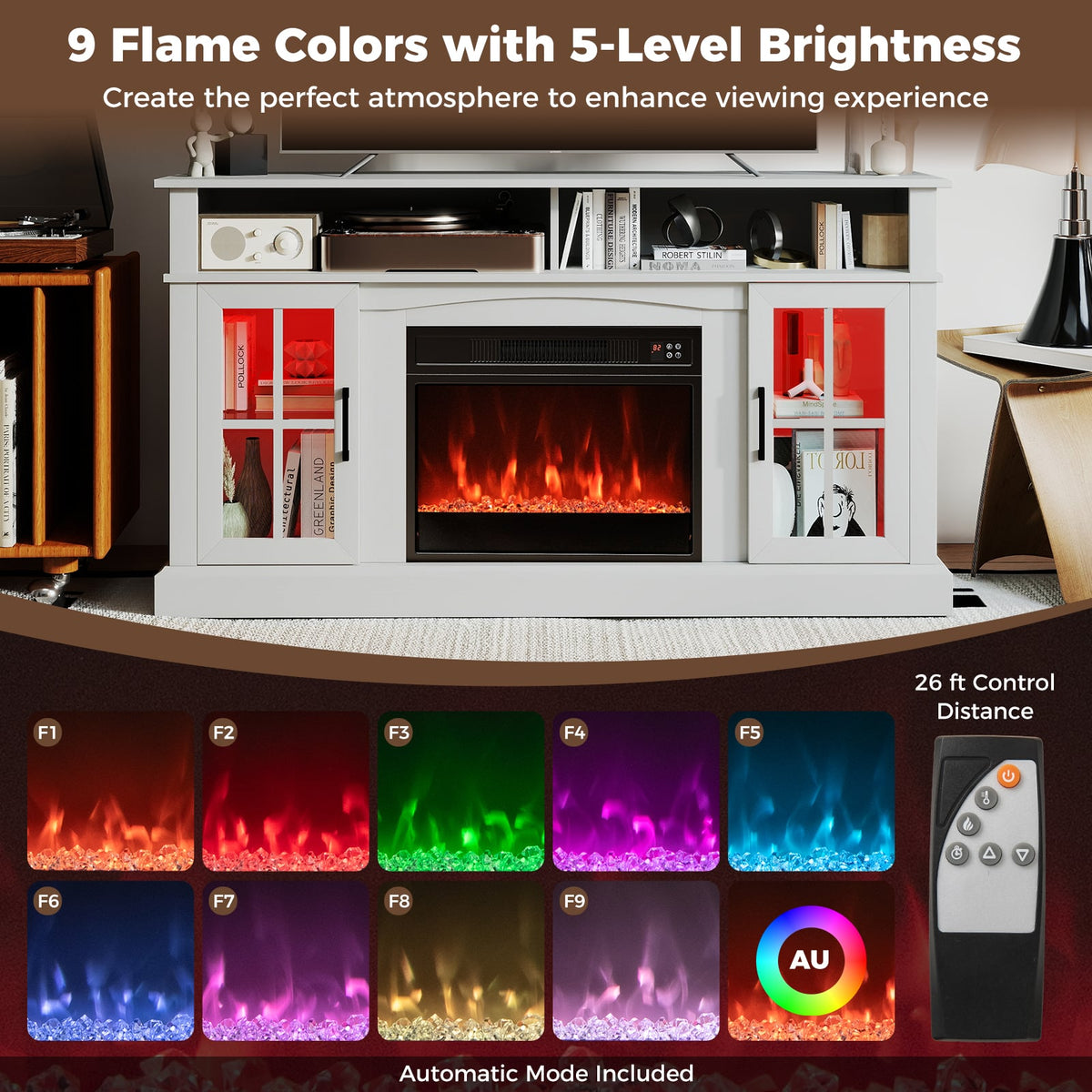 58 Inch Fireplace TV Stand with LED Lights with Storage Cabinets and Glass Doors-White-Entertainment Centers & TV Stands-DECOROLALA
