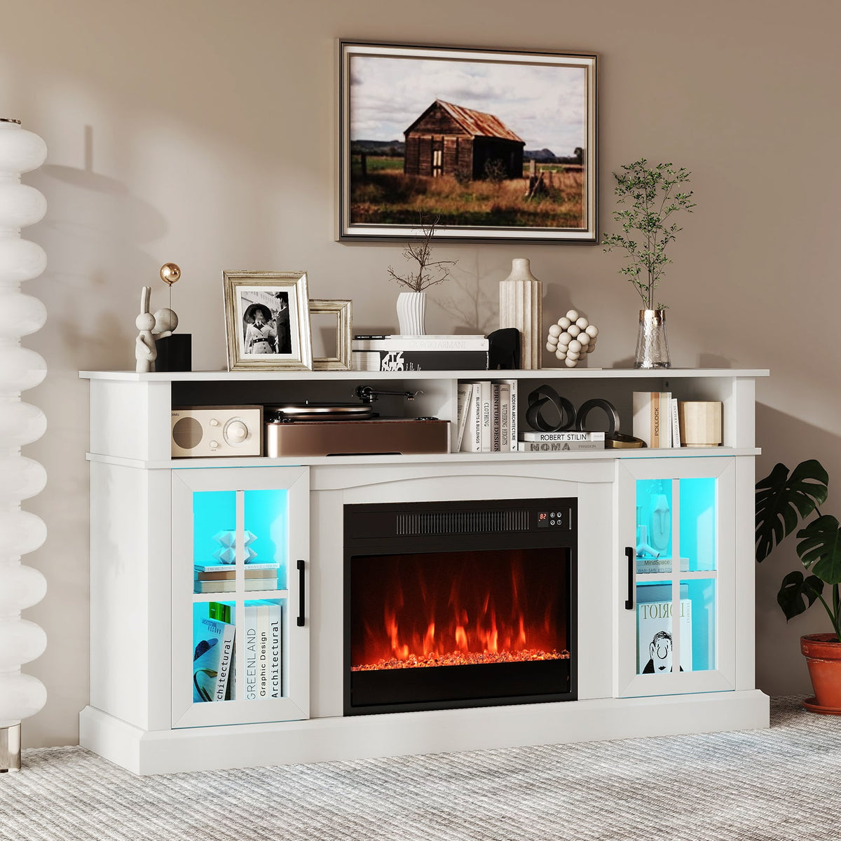 58 Inch Fireplace TV Stand with LED Lights with Storage Cabinets and Glass Doors-White-Entertainment Centers & TV Stands-DECOROLALA