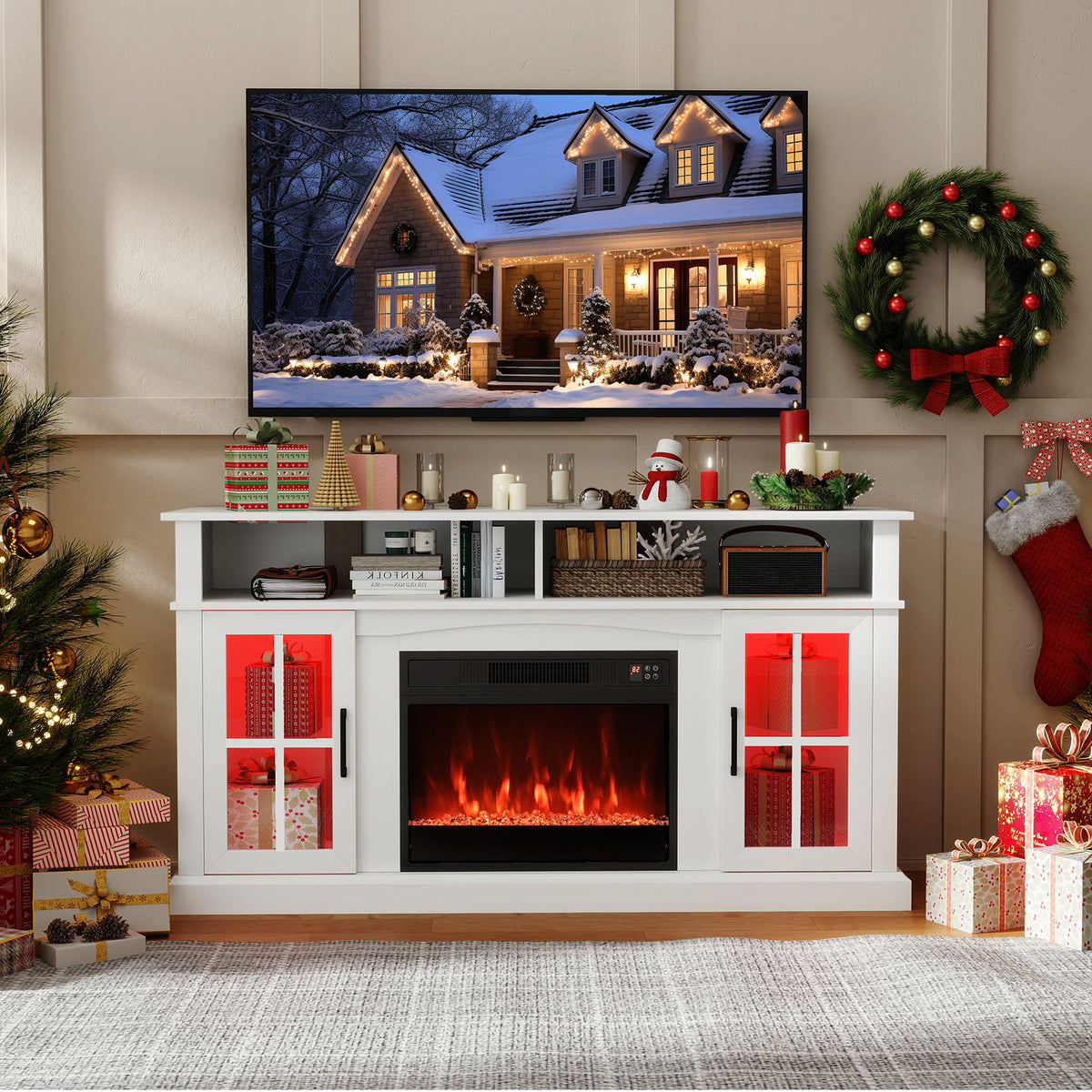 58 Inch Fireplace TV Stand with LED Lights with Storage Cabinets and Glass Doors-White-Entertainment Centers & TV Stands-DECOROLALA