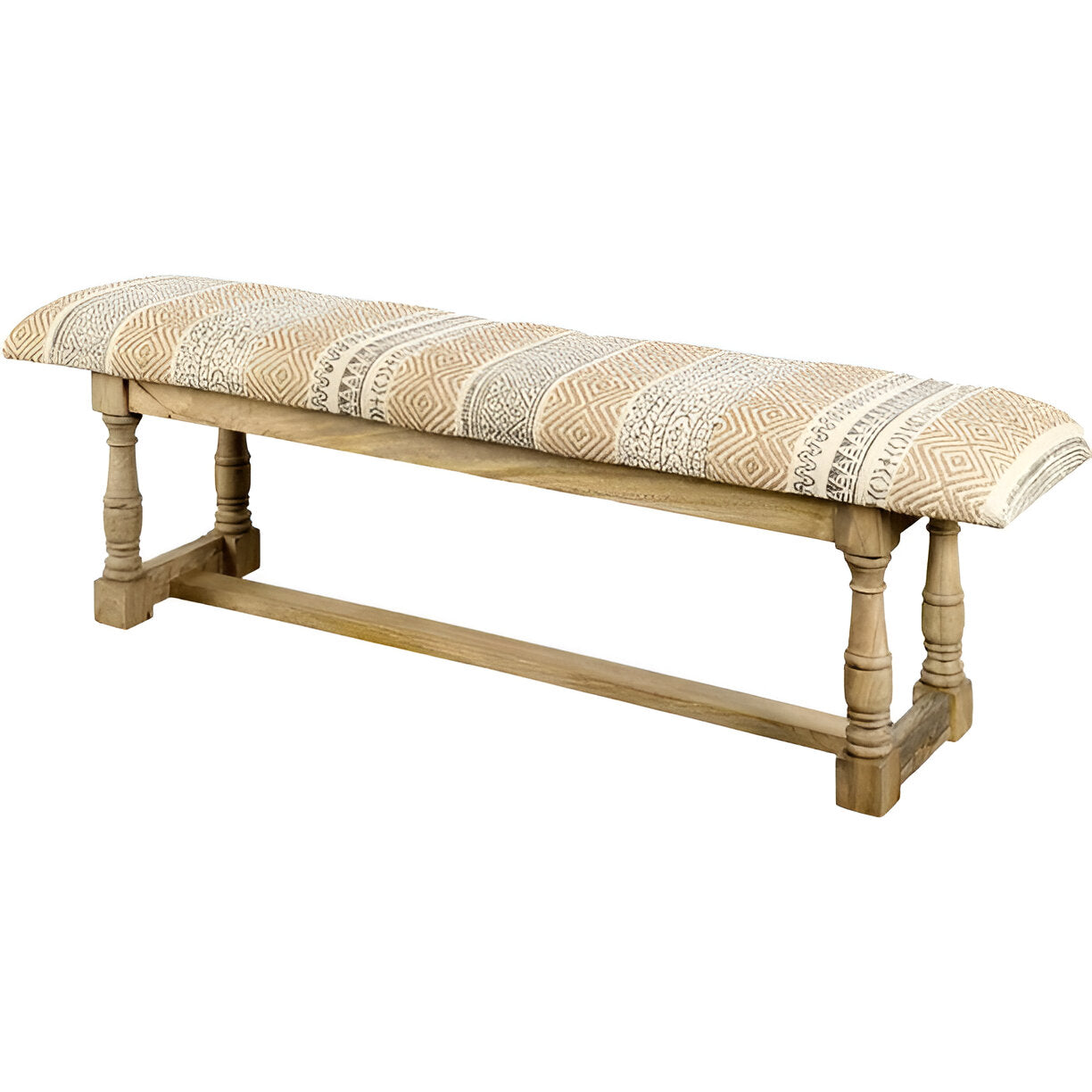 59" Beige Orange and Brown Geometric Upholstered Jute Accent Bench-Benches-DECOROLALA