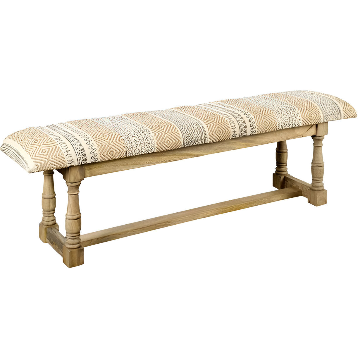 59" Beige Orange and Brown Geometric Upholstered Jute Accent Bench-Benches-DECOROLALA