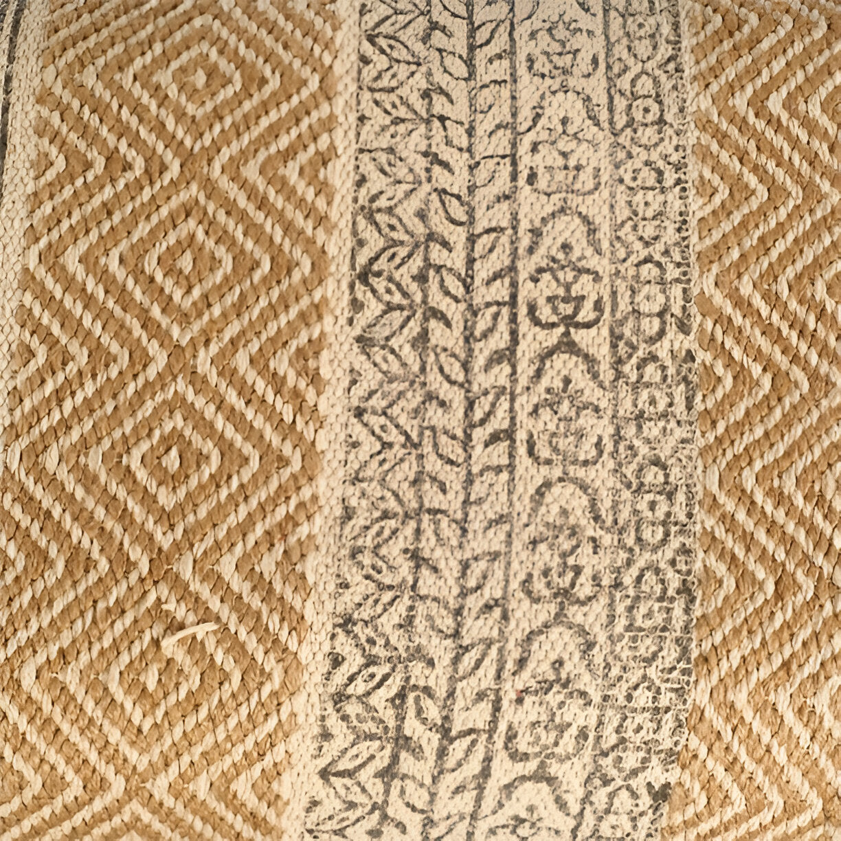 59" Beige Orange and Brown Geometric Upholstered Jute Accent Bench-Benches-DECOROLALA