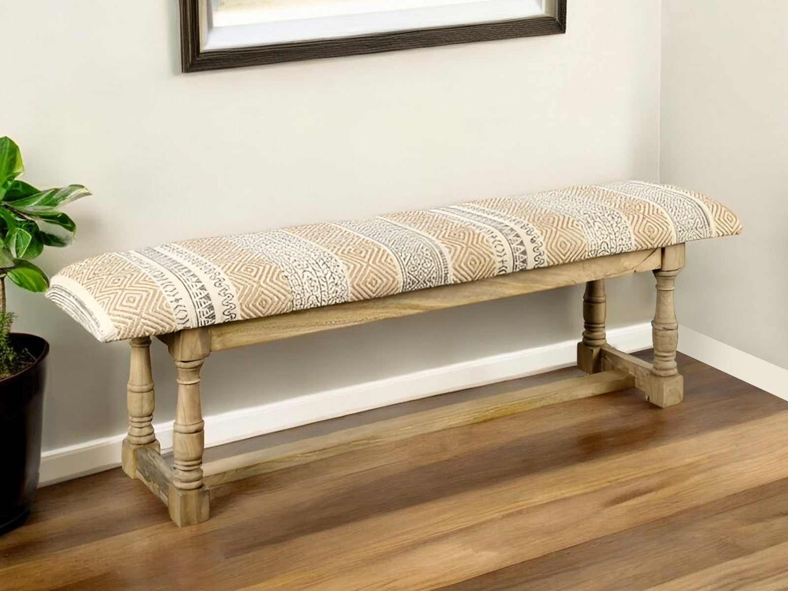 59" Beige Orange and Brown Geometric Upholstered Jute Accent Bench-Benches-DECOROLALA