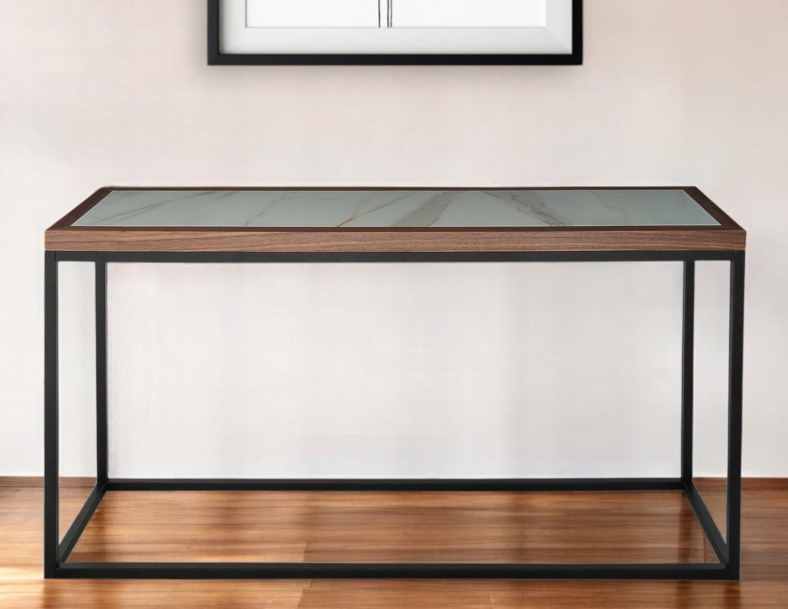 59" Brown White and Black Genuine Marble Frame Console Table-Console Tables-DECOROLALA