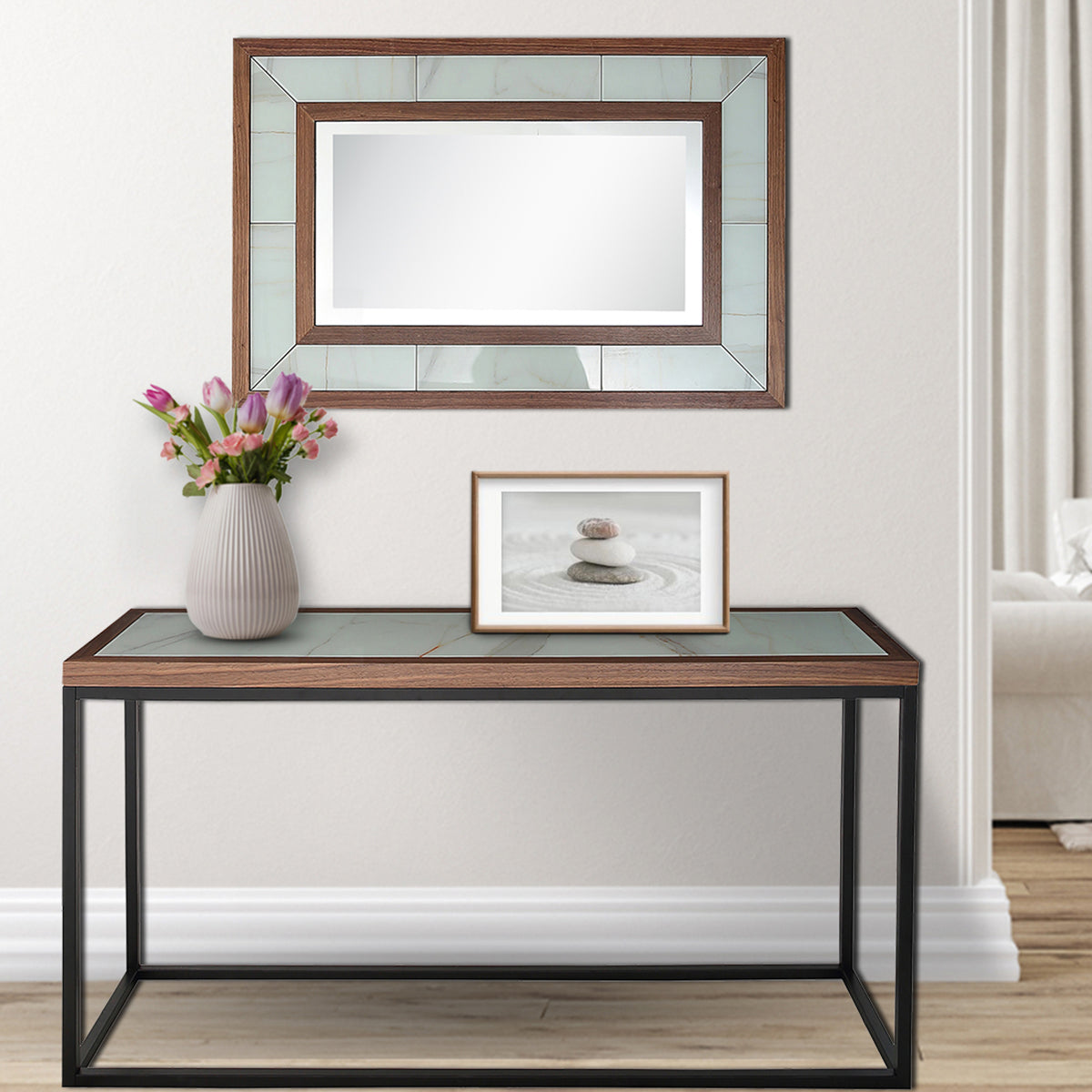 59" Brown White and Black Genuine Marble Frame Console Table-Console Tables-DECOROLALA