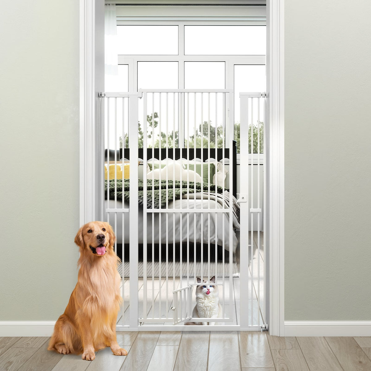 59” Extra Tall Pet Gate Heavy-Duty Metal Cat Gate with Wide Opening-White-Pet Gates-DECOROLALA
