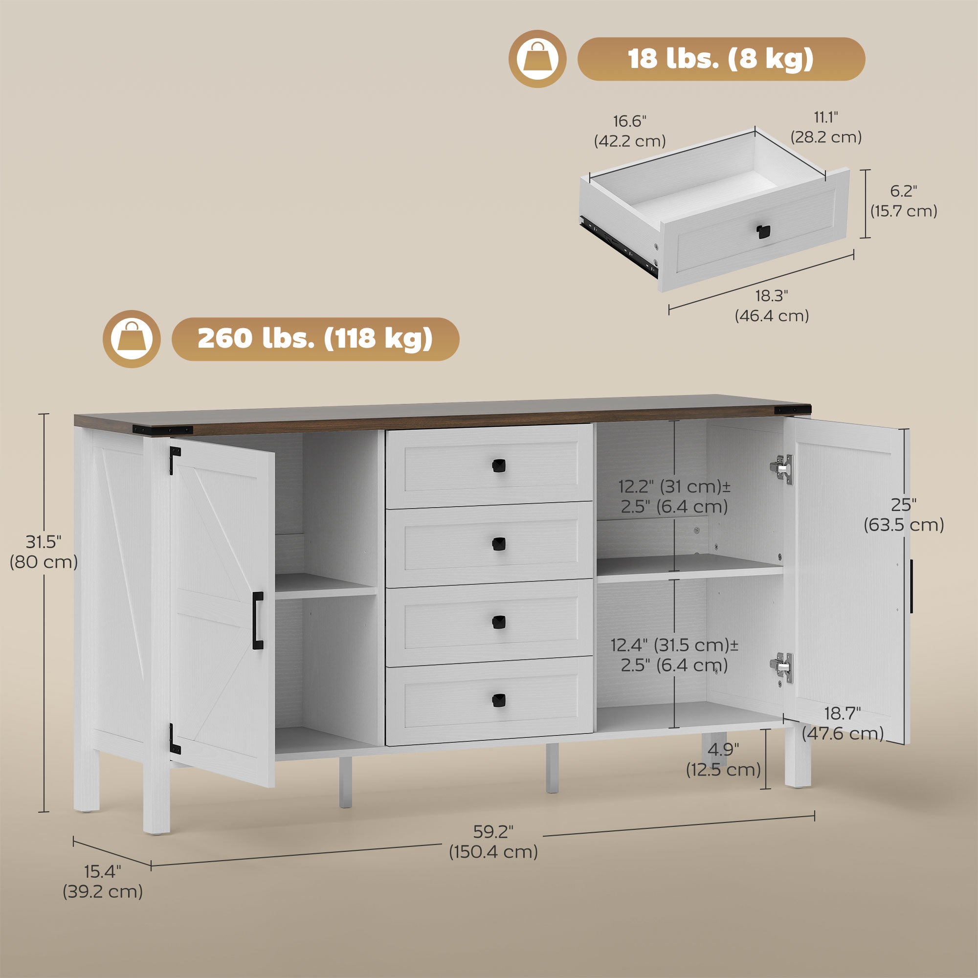 59" Farmhouse Buffet Cabinet - Distressed White Sideboard-DECOROLALA