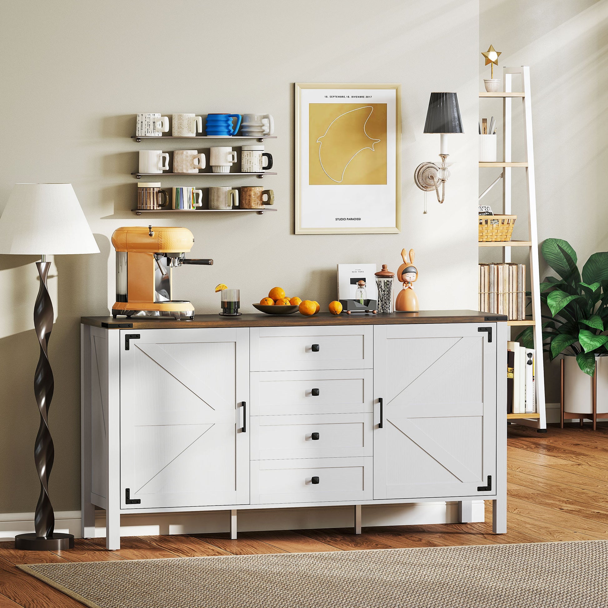59" Farmhouse Buffet Cabinet - Distressed White Sideboard-DECOROLALA