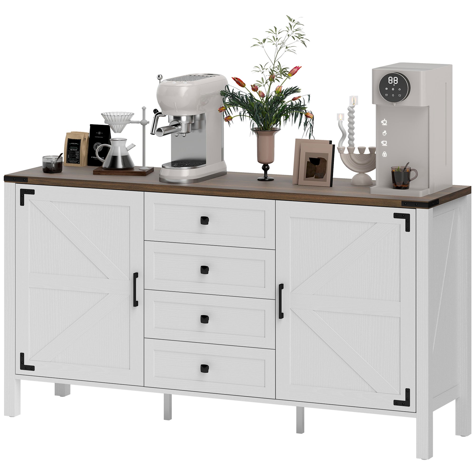 59" Farmhouse Buffet Cabinet - Distressed White Sideboard-DECOROLALA