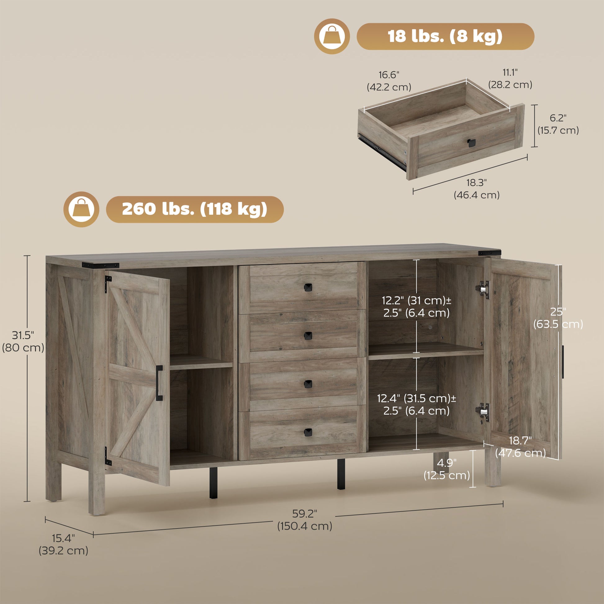 59" Farmhouse Buffet Cabinet - Grey Wash Sideboard-DECOROLALA