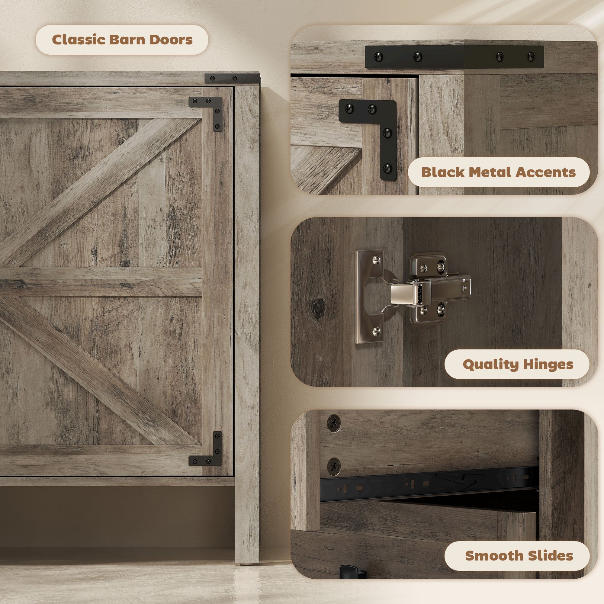 59" Farmhouse Buffet Cabinet - Grey Wash Sideboard-DECOROLALA