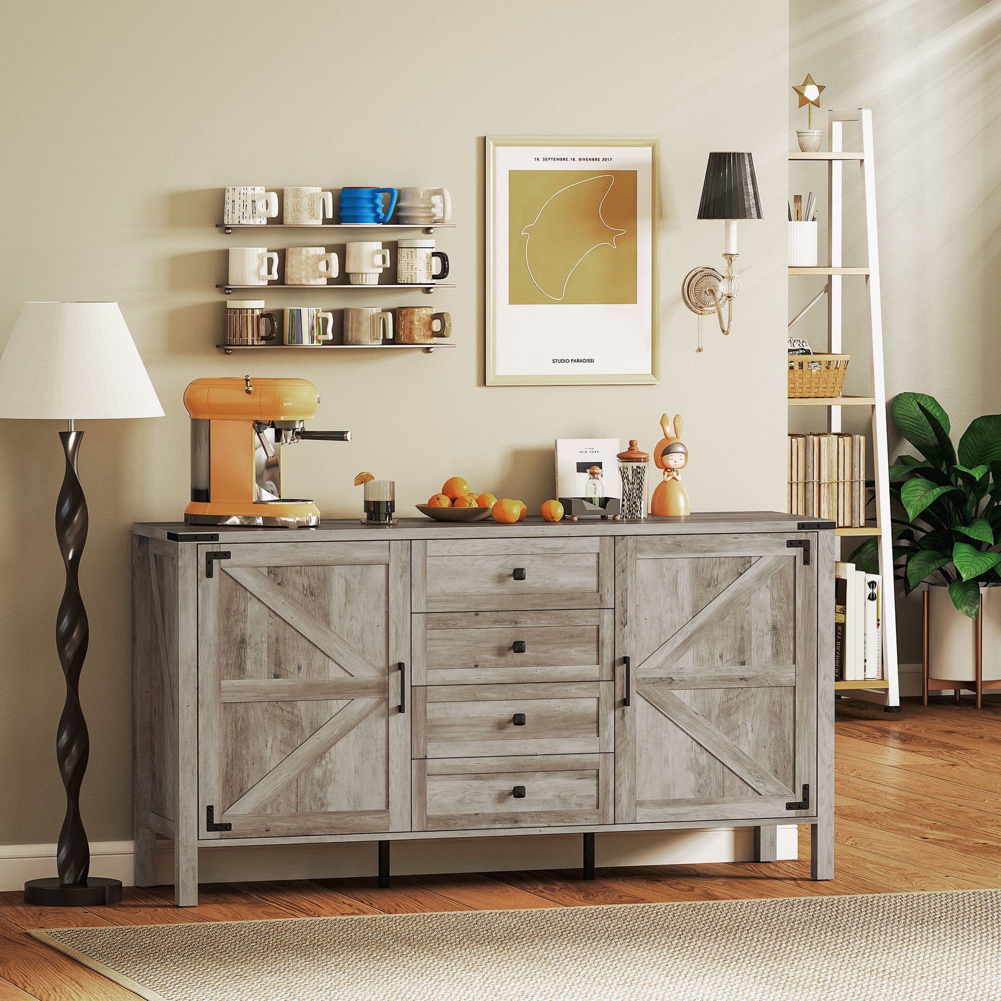 59" Farmhouse Buffet Cabinet - Grey Wash Sideboard-DECOROLALA
