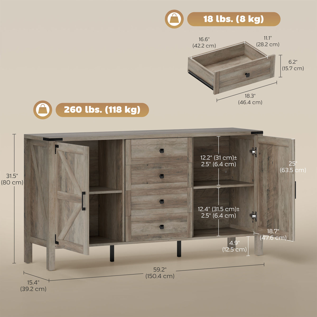 59" Farmhouse Buffet Cabinet - Grey Wash Sideboard-Sideboards & Buffets-DECOROLALA