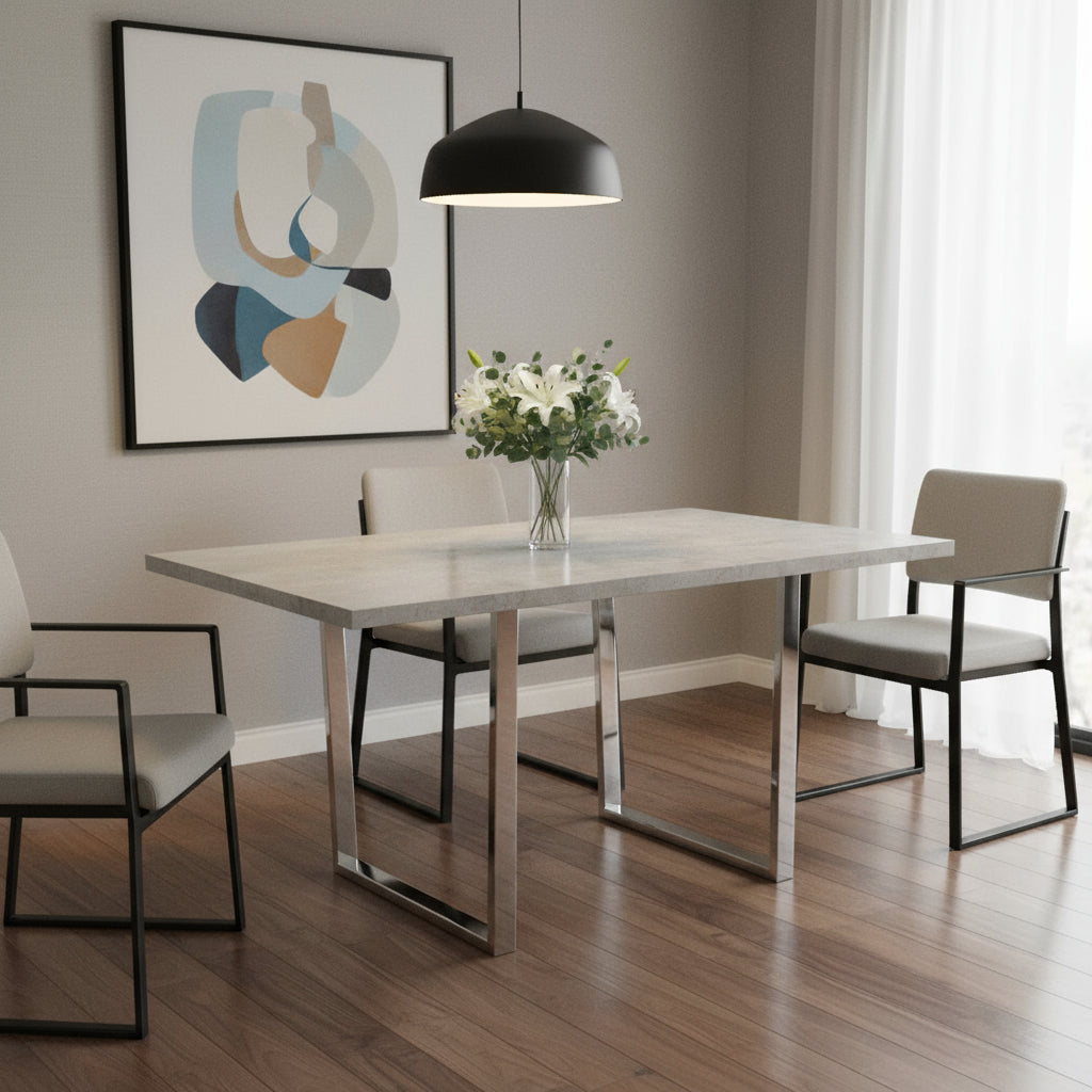 59" Gray And Silver Metal Sled Base Dining Table-Dining Tables-DECOROLALA