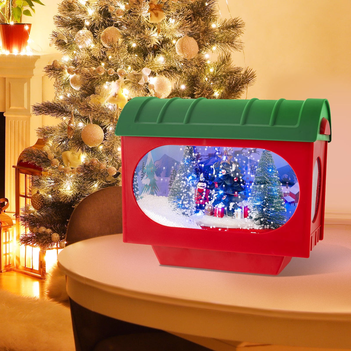 59 Inch Christmas Street Lamp with Sound-Activated Snow Globe Lantern-Red-Christmas Decorations & Accessories-DECOROLALA