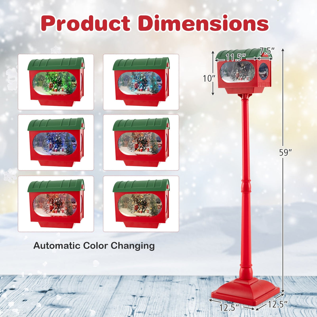 59 Inch Christmas Street Lamp with Sound-Activated Snow Globe Lantern-Red-Christmas Decorations & Accessories-DECOROLALA