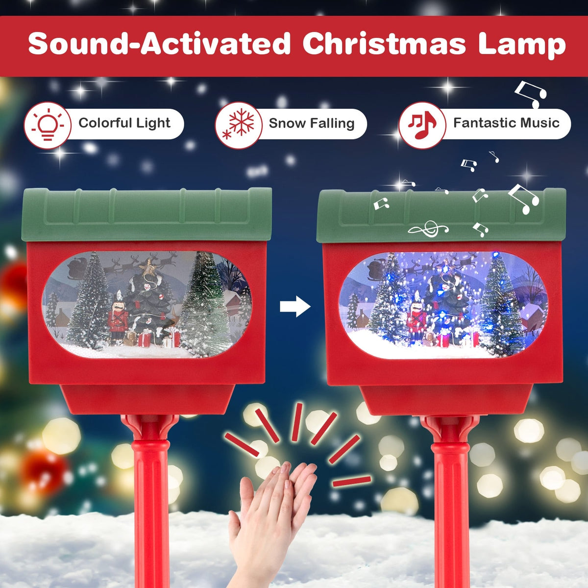59 Inch Christmas Street Lamp with Sound-Activated Snow Globe Lantern-Red-Christmas Decorations & Accessories-DECOROLALA