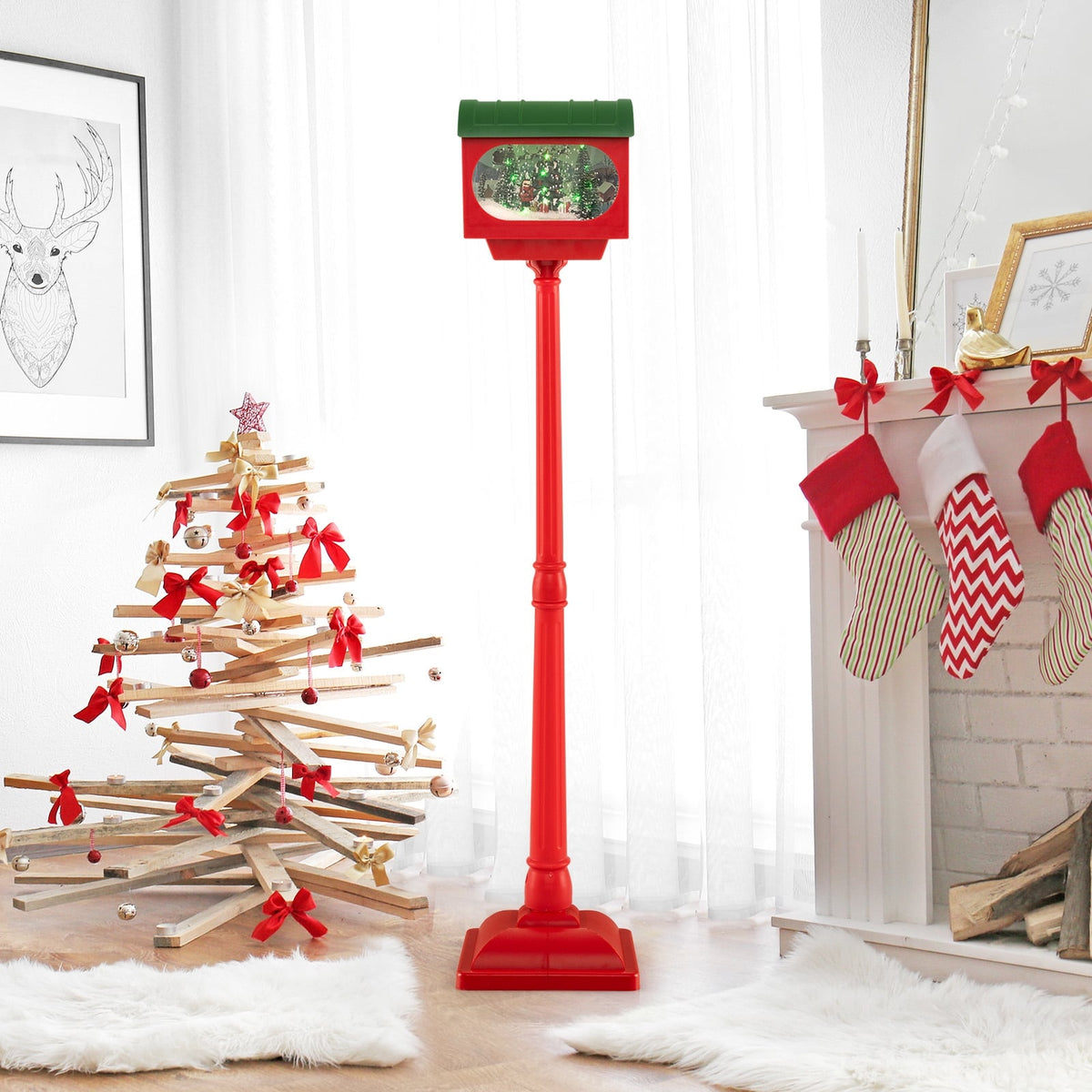 59 Inch Christmas Street Lamp with Sound-Activated Snow Globe Lantern-Red-Christmas Decorations & Accessories-DECOROLALA