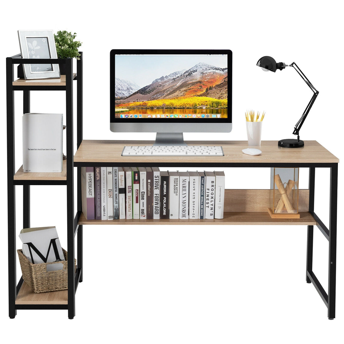 59-Inch Computer Desk Home Office Workstation 4-Tier Storage Shelves-N ...