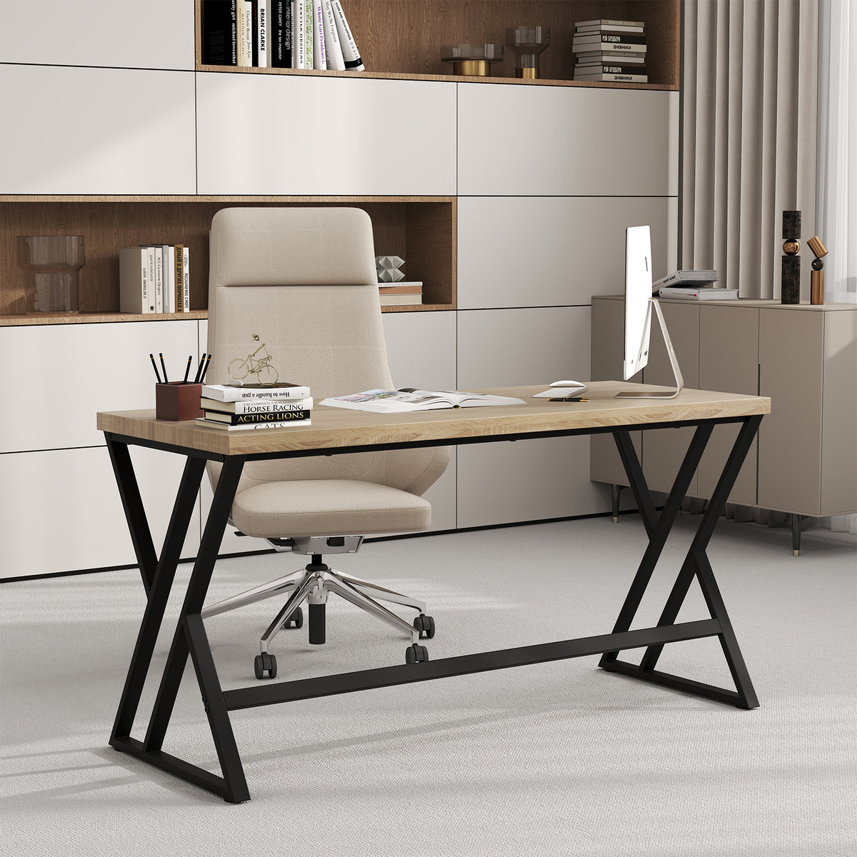 59 Inch Computer Desk with Heavy-duty Metal Frame and Crossbar-Gray-Computer Desks-DECOROLALA